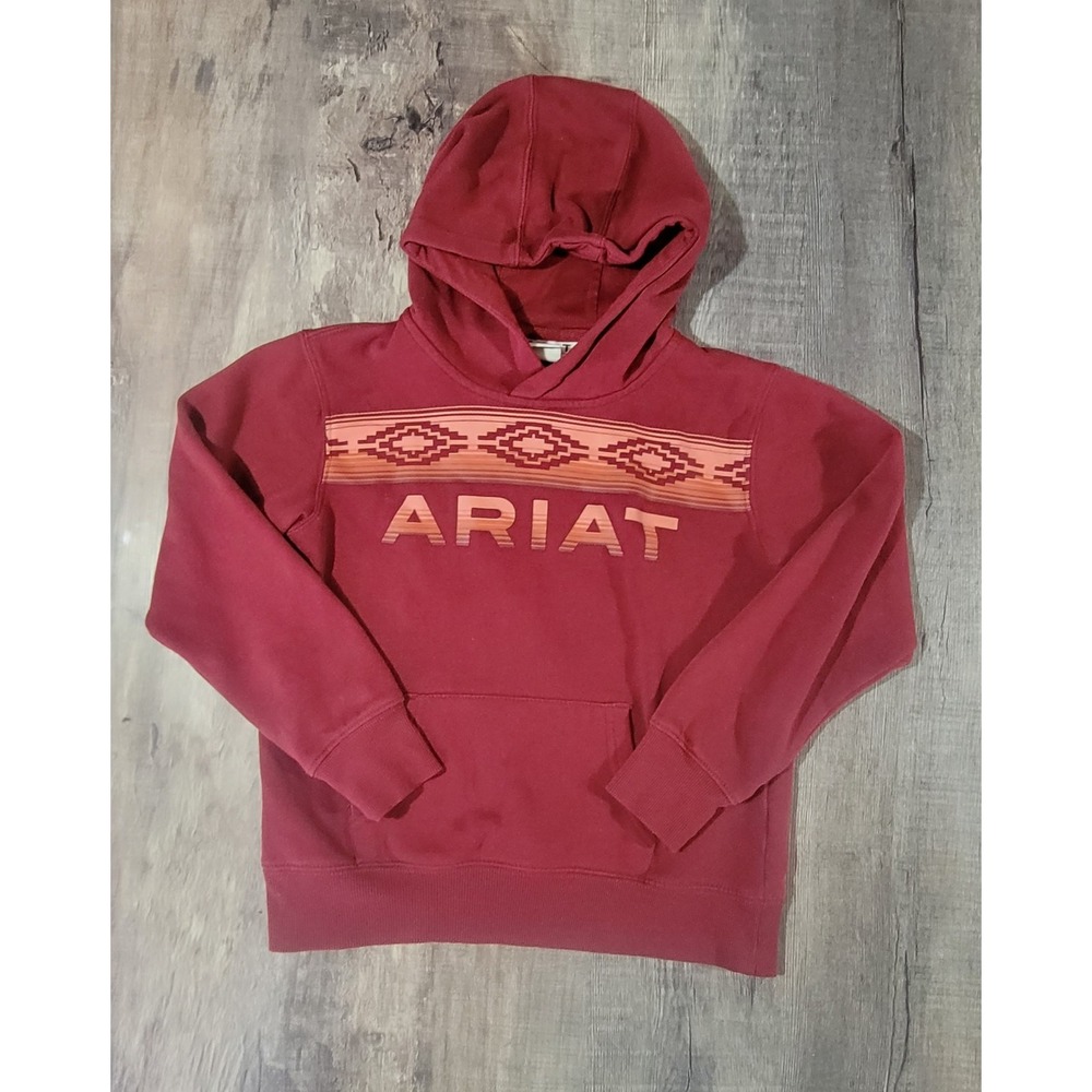 Ariat Girl's Medium 8 Serape Hoodie Aztec Logo Rhubarb Red 10037974A‎